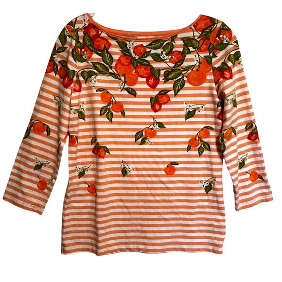 The Talbots Tee Womens Small Citrus Striped Orange Print 3/4 Sleeve Knit Top - Picture 2 of 8